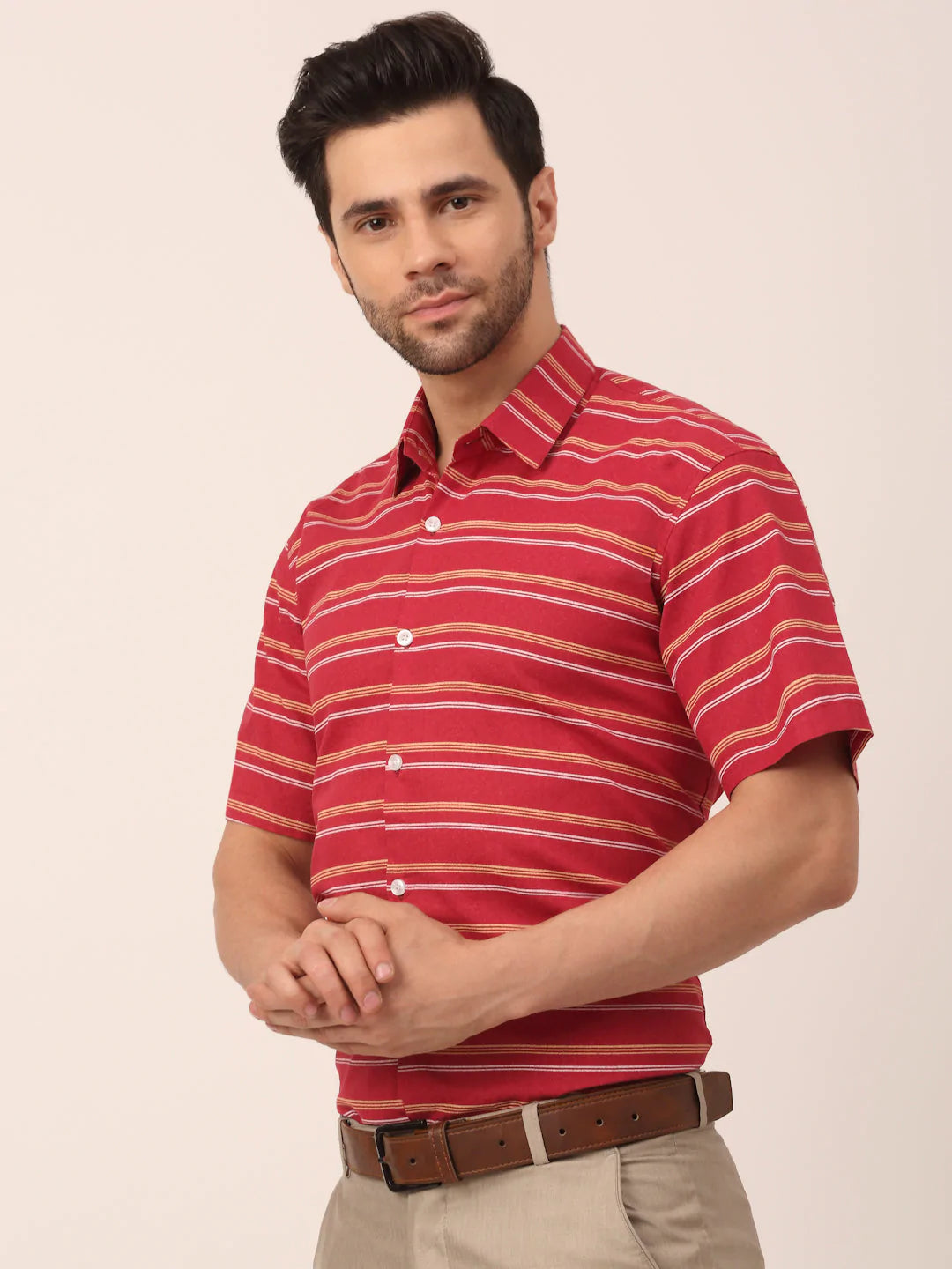 Jainish Men's Cotton Striped Half Sleeve Formal Shirts ( SF 816Maroon )
