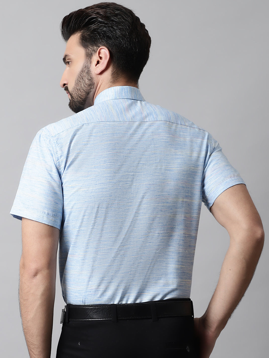 Men Blue Woven Design Short Sleeves Formal Shirt ( SF 864Blue )