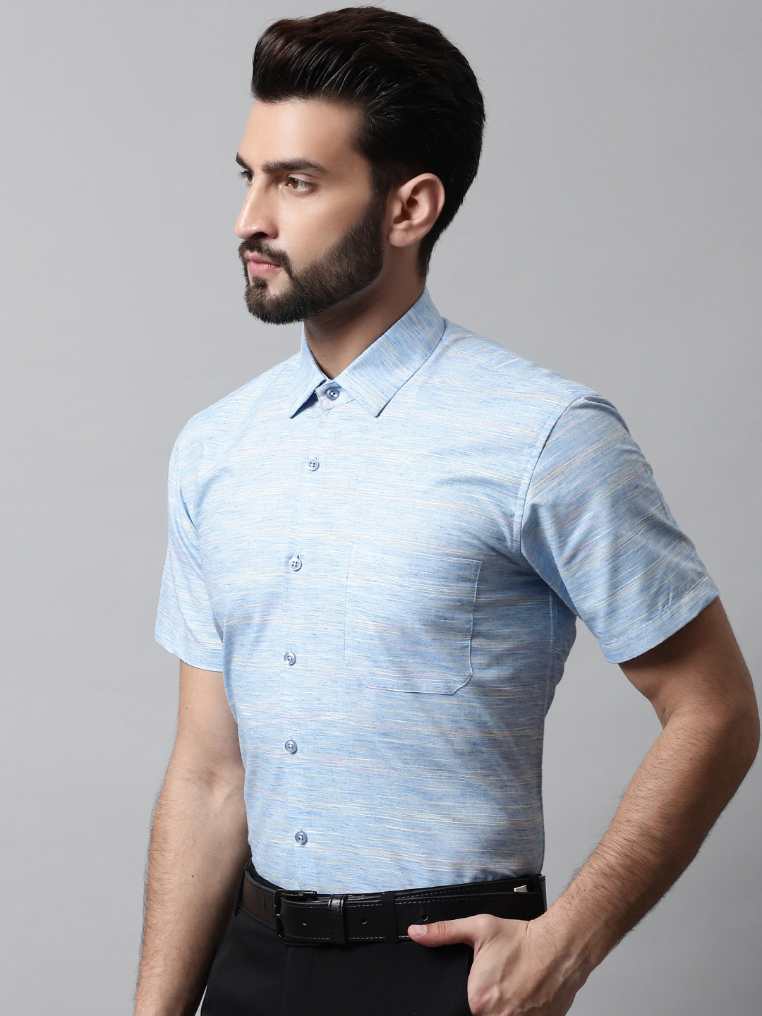 Men Blue Woven Design Short Sleeves Formal Shirt ( SF 864Blue )