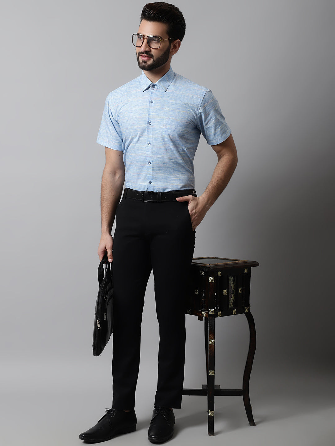 Men Blue Woven Design Short Sleeves Formal Shirt ( SF 864Blue )