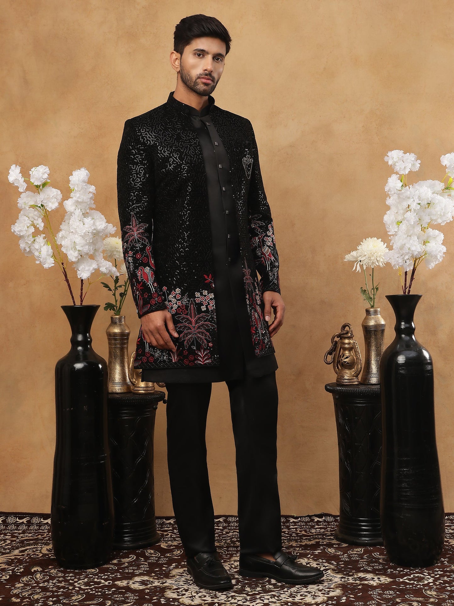 Men's Black Velvet Indo-Western Set ( 50JIND 118 Black )