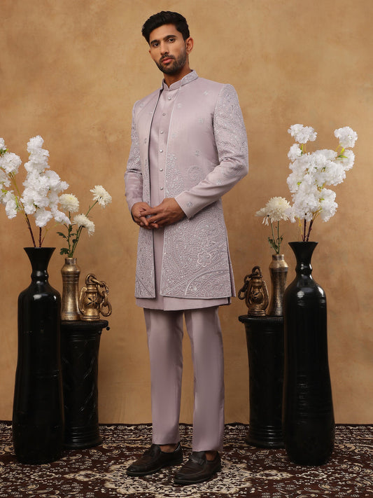 Men's Lavender Floral Embroidered Indo-Western Set ( 50JIND 122 lavender )