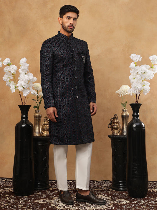 Men's Navy Blue Geometric Embroidered Indo Western Set ( 50JIND 103 Blue )