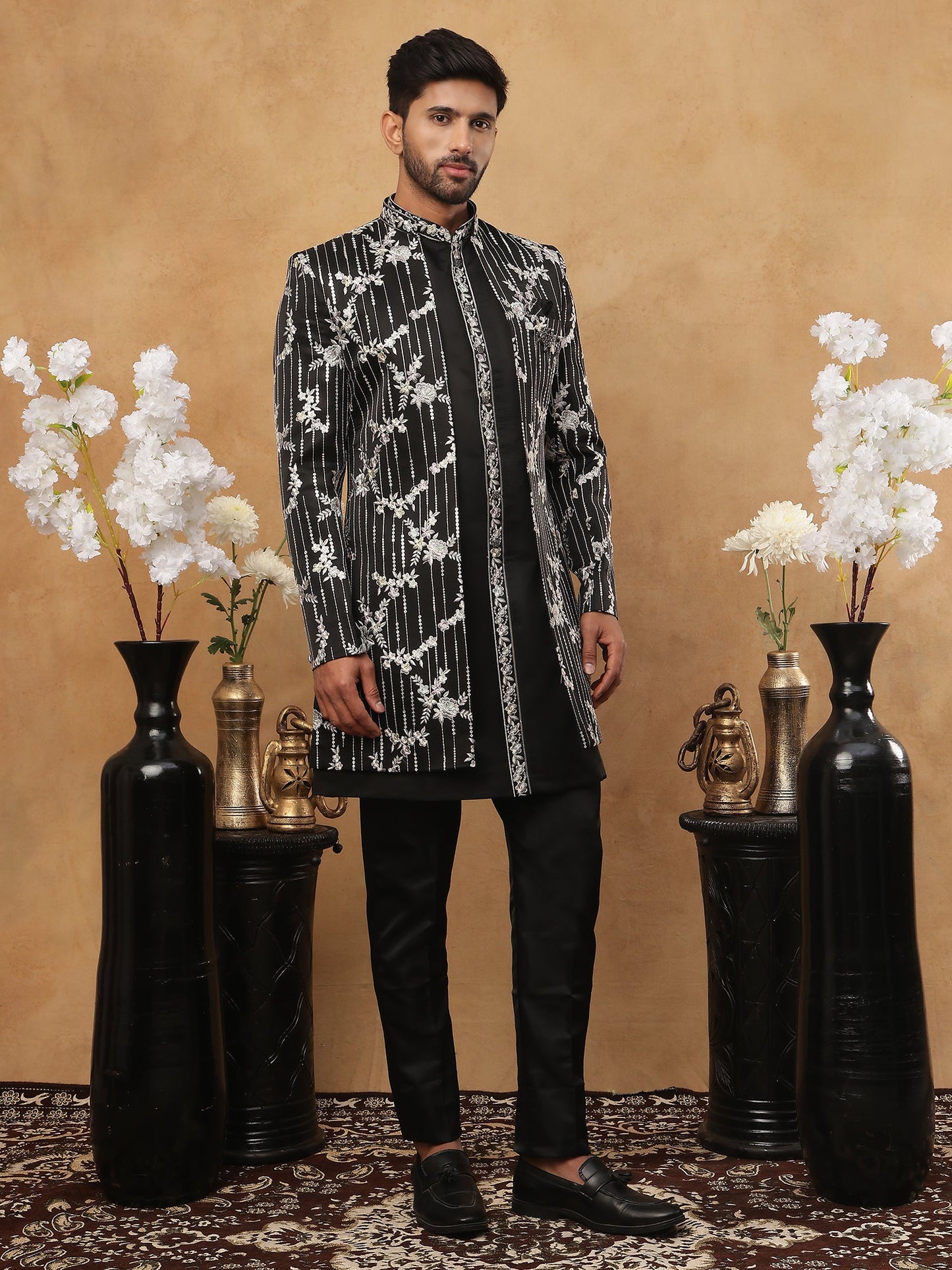 Men's Black Sequined Indo-Western Set ( 50JIND 120 Black )