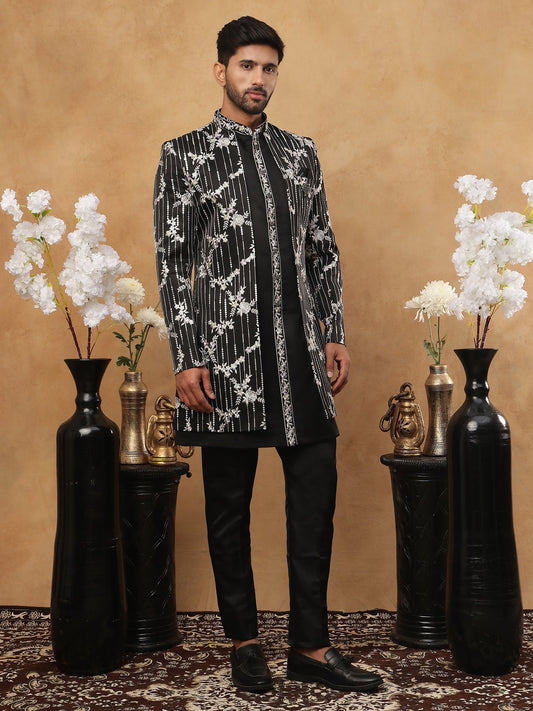 Men's Black Sequined Indo-Western Set ( 50JIND 120 Black )