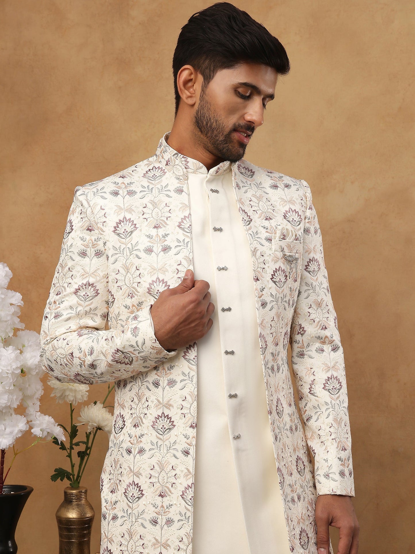 Men's Cream Multi-Color Floral Embroidered Indo Western Set ( 50JIND 111 Cream )