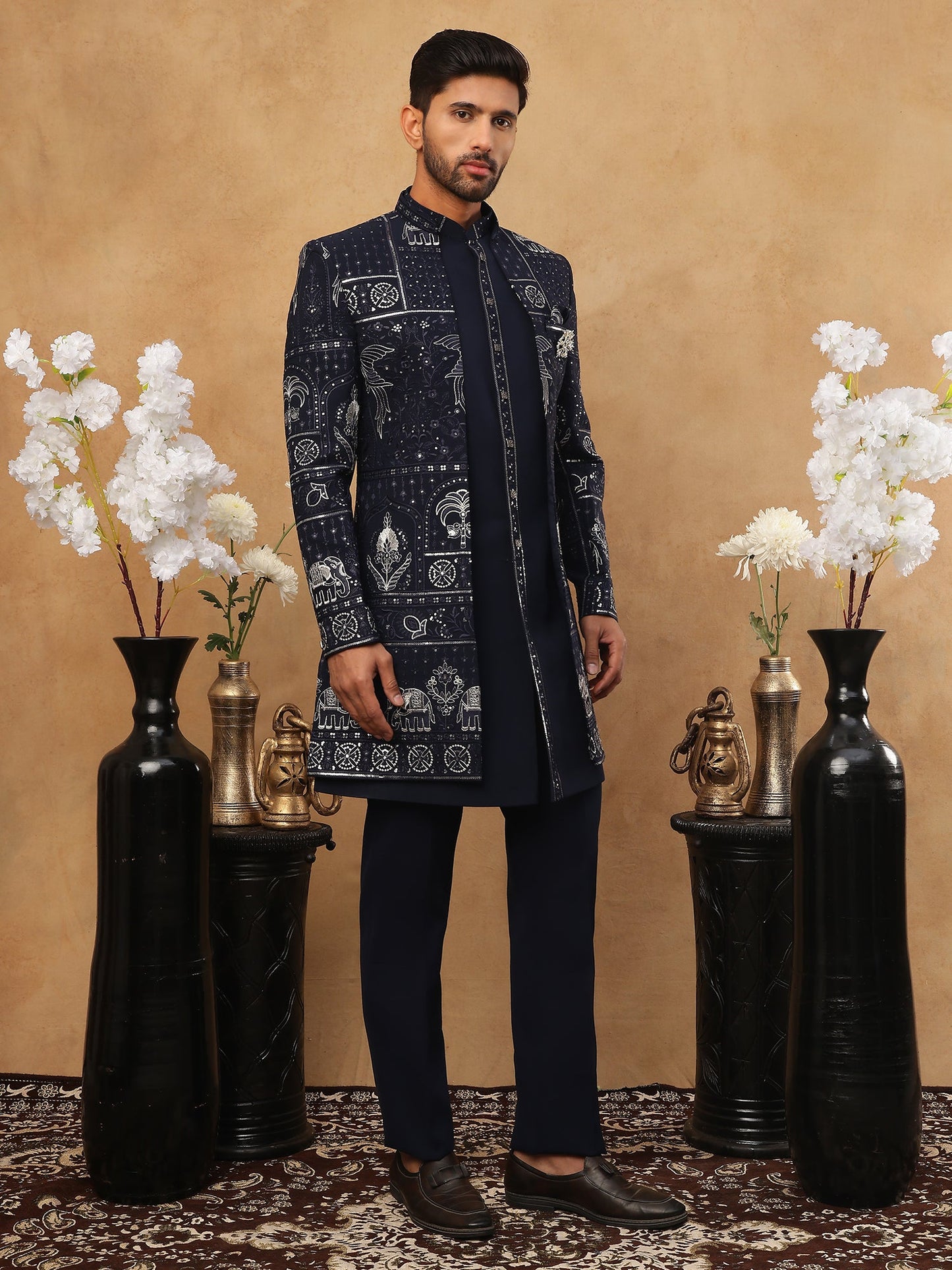 Men's Navy Blue Geometric Embroidered Indo-Western Set ( 50JIND 119 Navy )