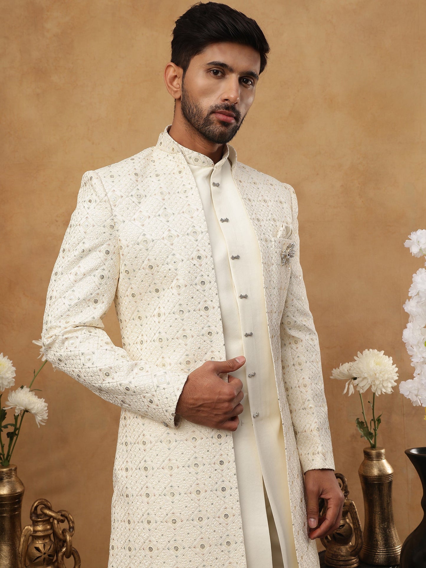 Men's Ivory Cream Geometric Sequin Embroidered Indo Western Set ( 50JIND 115 Cream )