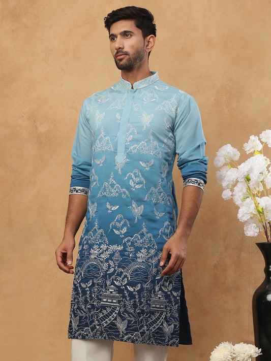 Silk Blend Elegant Thread Work Kurtas ( HOPKO 004Blue )  [RT] [O-4]