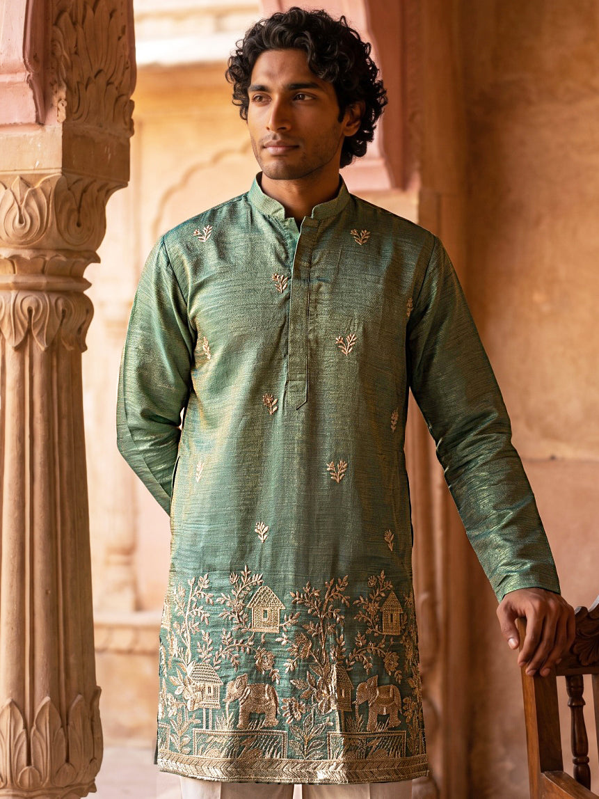 Silk Blend Embroidered Kurta for Men ( 65KO 5632 Green )