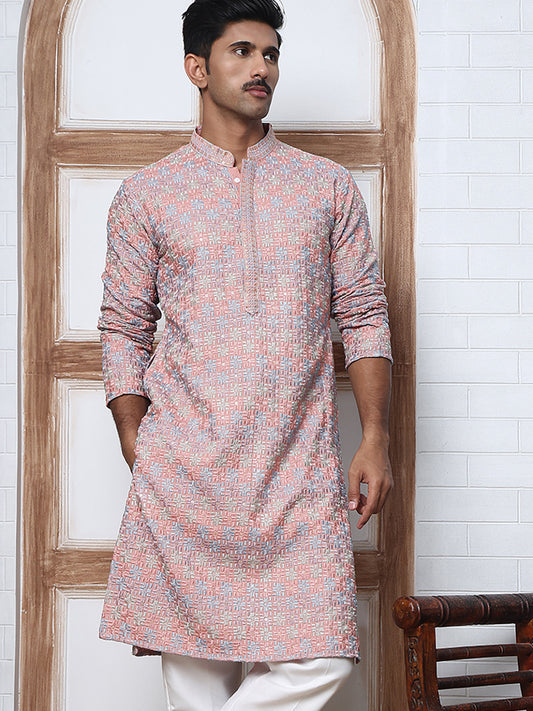 Viscose Rayon Self-Design Embroidered Kurtas ( ANMKO 278Peach )  [RT] [M-6]
