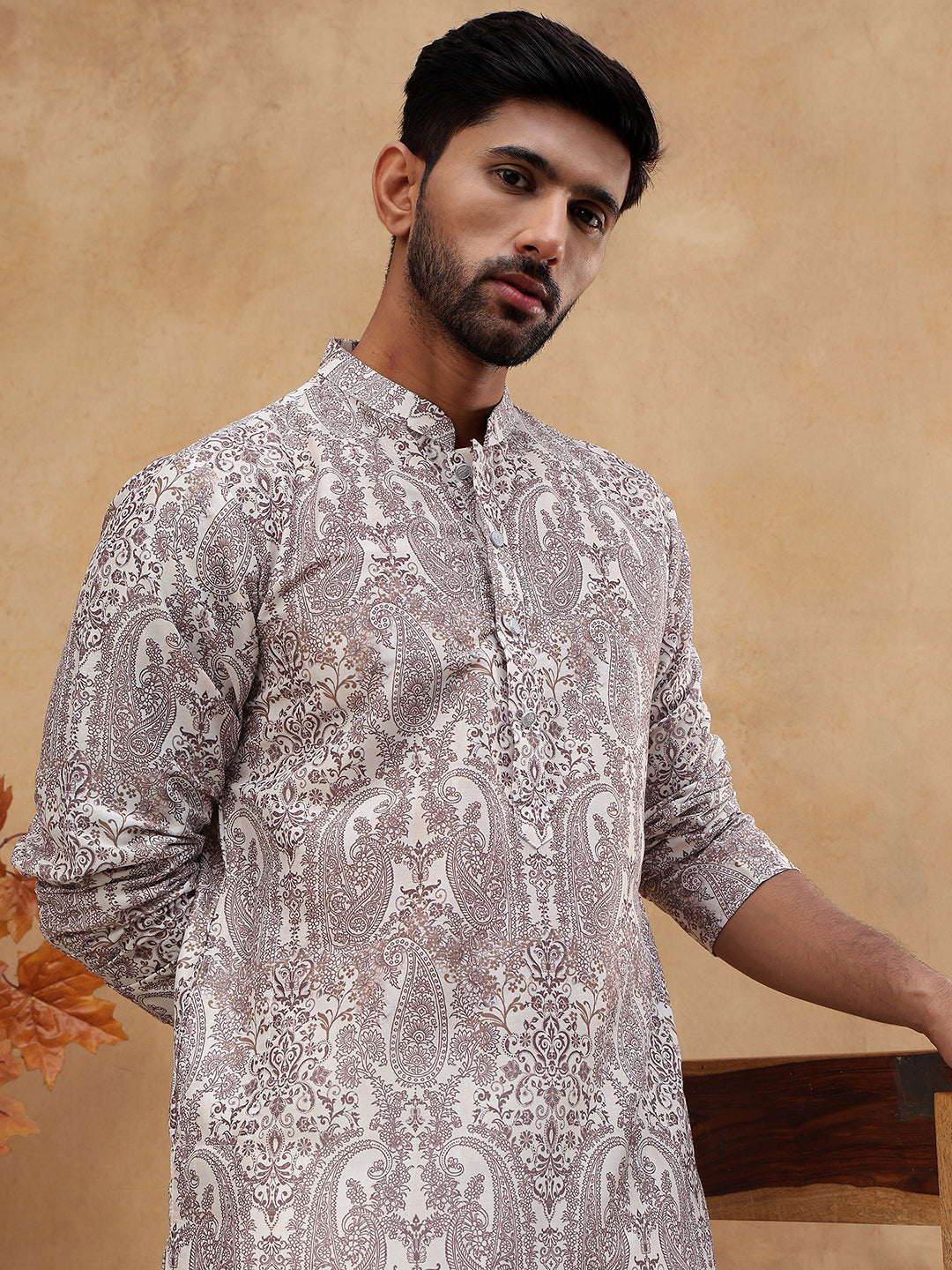 Men's Cotton Blend Paisley Printed Kurta ( HOPKO 001Brown )  [RT] [O-2]