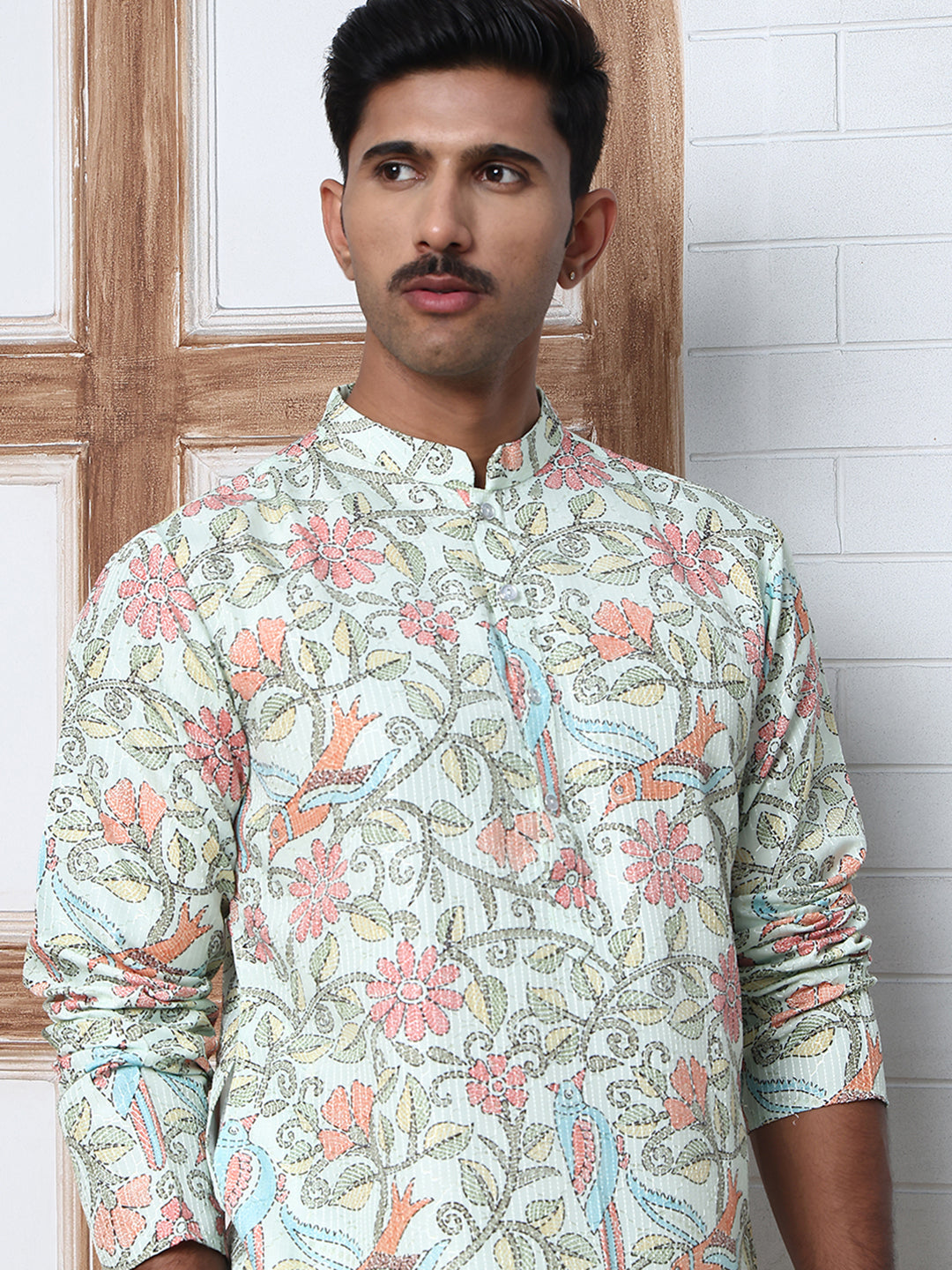 Floral Print Kurtas with Thread Work Embroidery ( ANMKO 284Pista ) [RT] [H-4]
