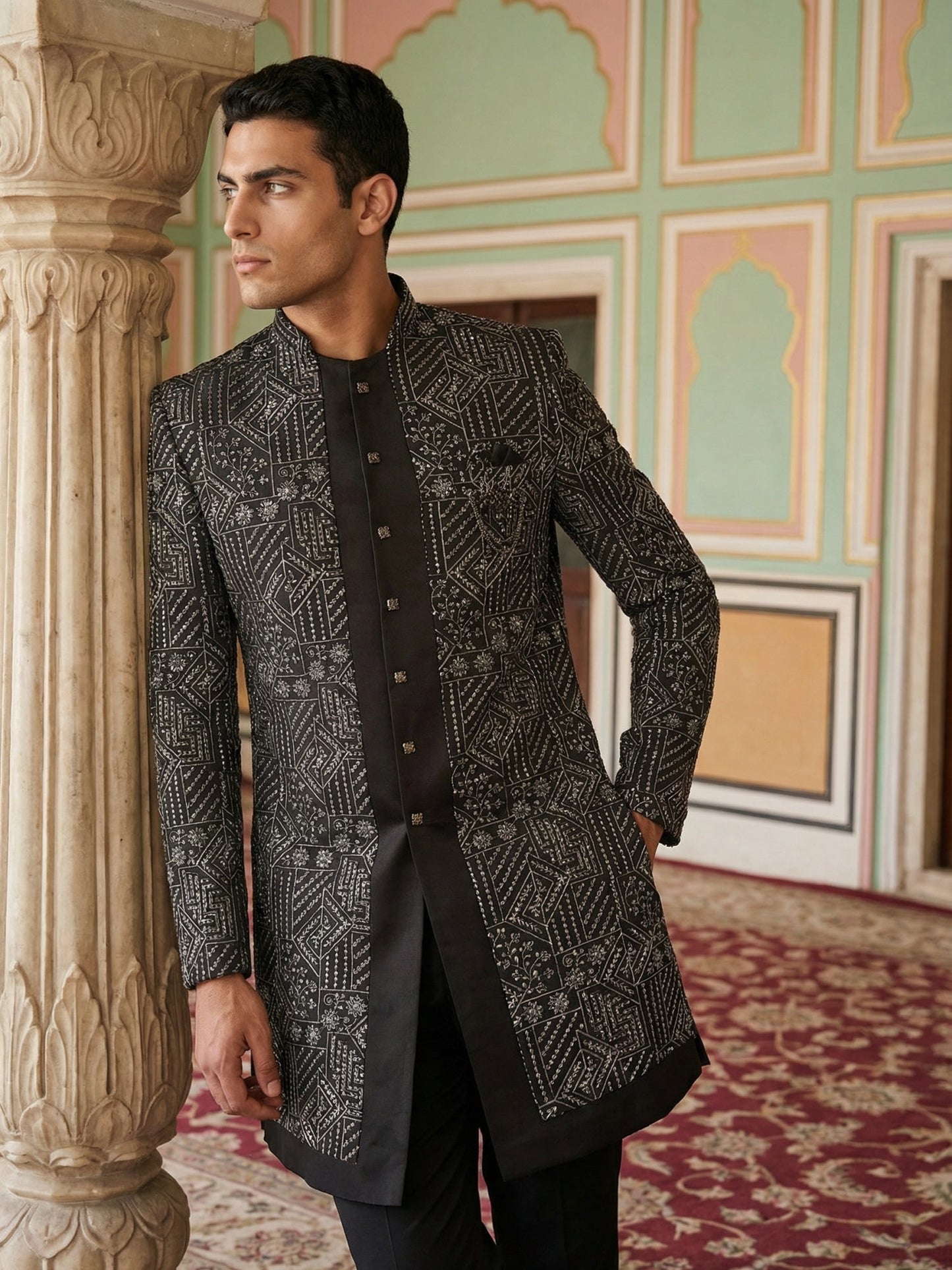 Men Black Embroidered Indo-Western Set ( 50JIND 124Black S )