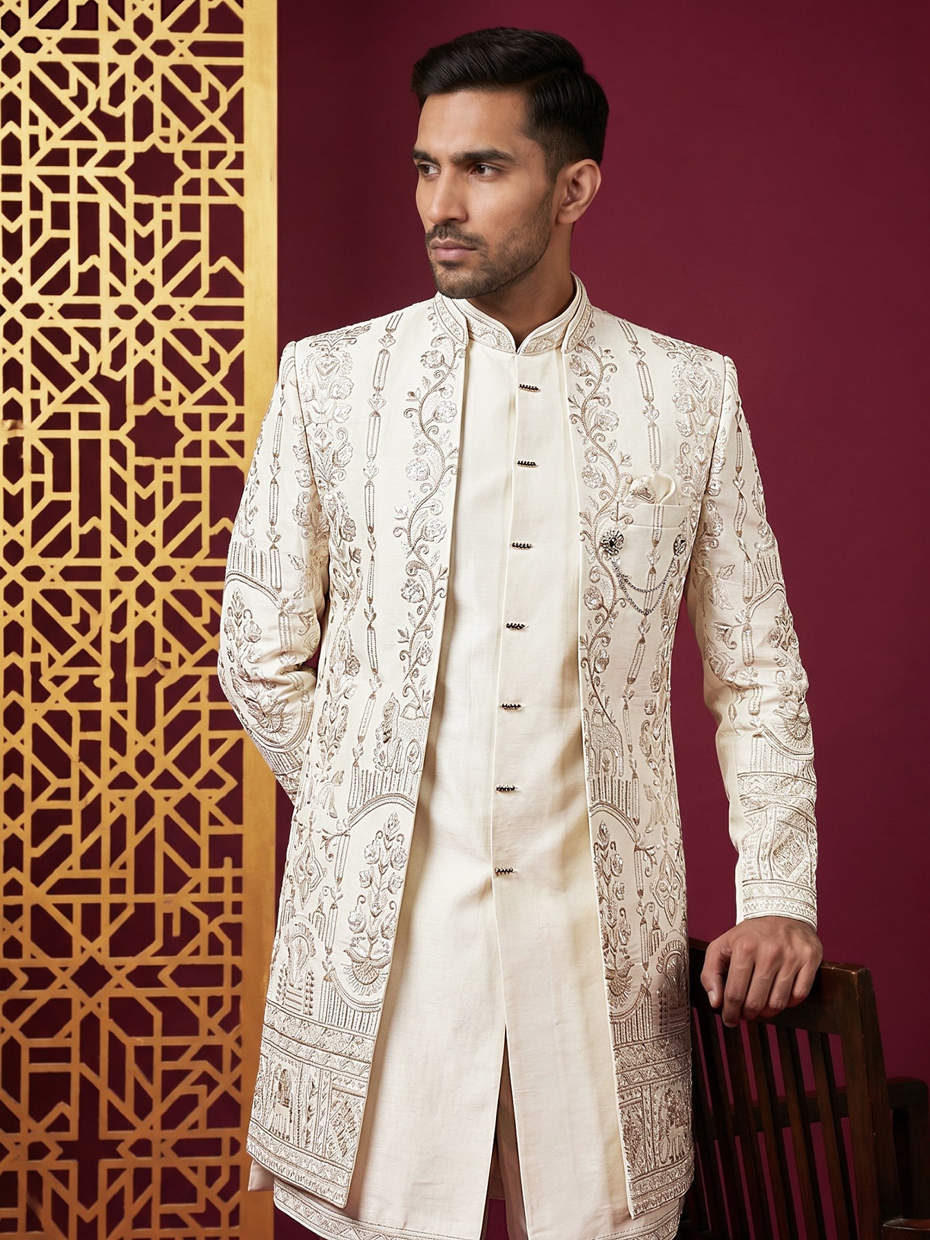 Men's Silk Blend Embroidered Indo-Western Set