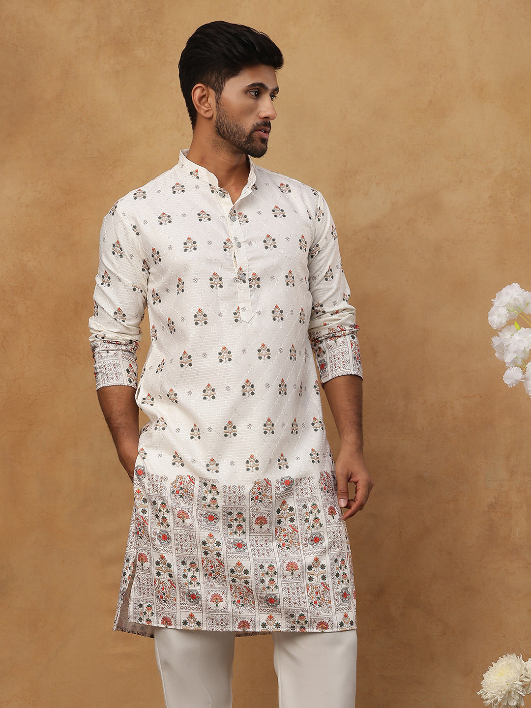 Silk Blend Traditional Printed Kurtas ( HOPKO 014White )  [RT] [P-2]