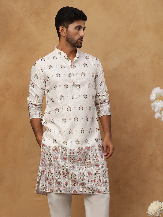 Silk Blend Traditional Printed Kurtas ( HOPKO 014White )  [RT] [P-2]