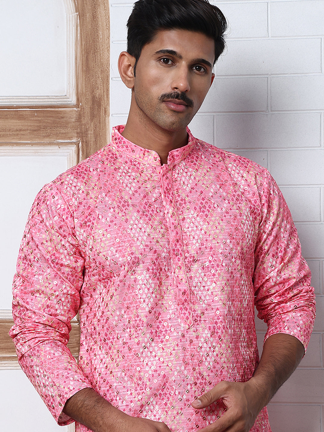 Men's Festive Sequins & Thread Work Kurtas ( ANMKO 288Pink )  [RT] [C-3]