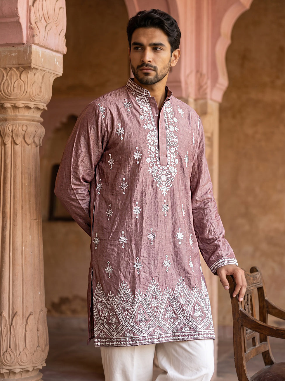 Silk Blend Embroidered Kurta for Men ( 65KO 5626 Magenta )