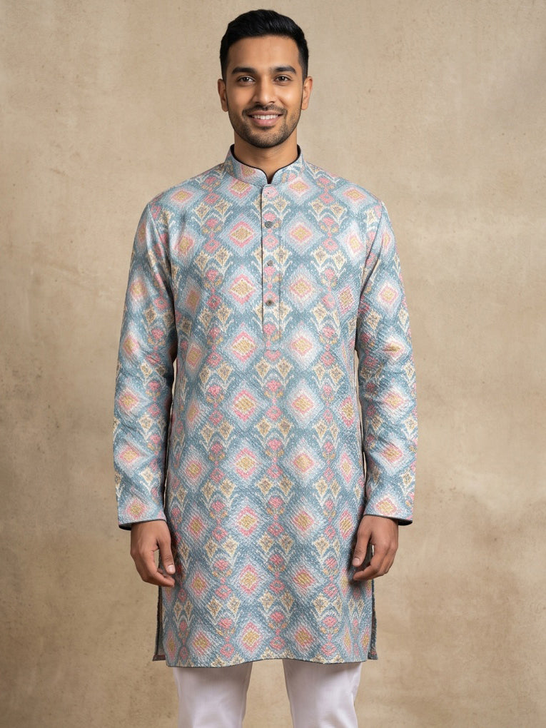 Printed & Thread Work Kurta for Men ( 65KO 5641 Blue )