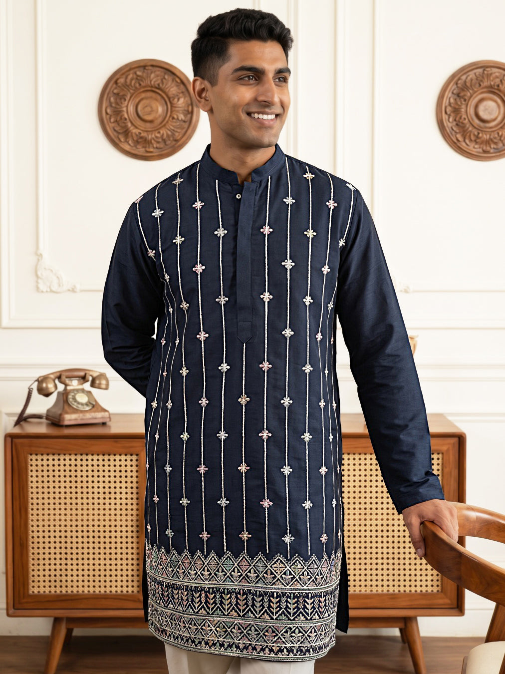 Men's Silk-Blend Embroidered Kurta ( 65KO 5627 Navy )