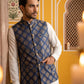 Men's Navy Blue Printed Nehru Jacket With Solid Kurta Pyjama ( JOKPWC 592W 4032Navy )