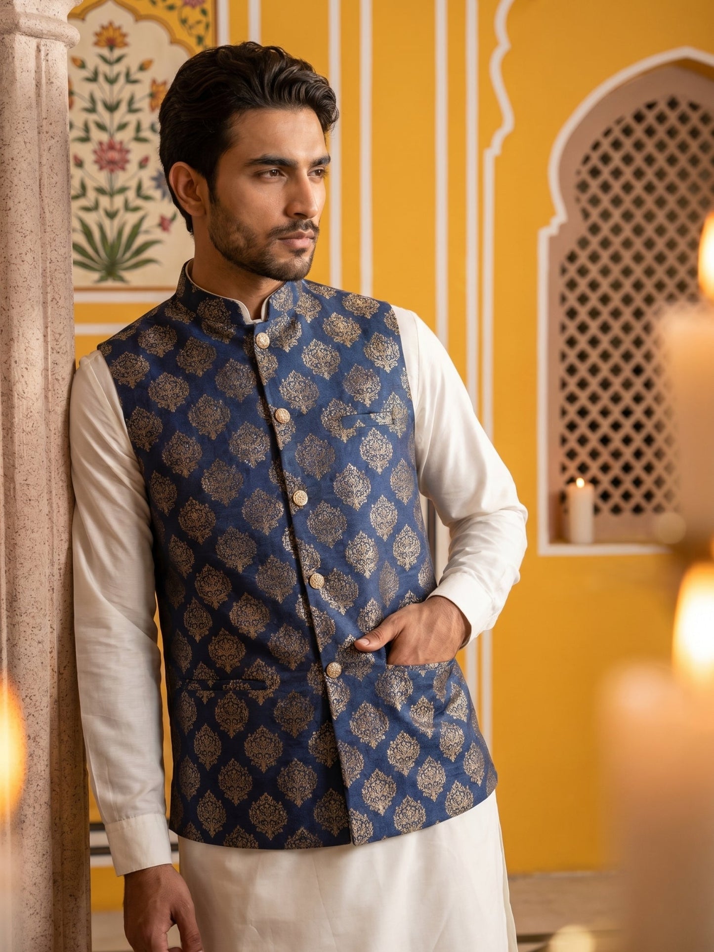 Men's Navy Blue Printed Nehru Jacket With Solid Kurta Pyjama ( JOKPWC 592W 4032Navy )