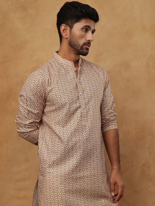 Men’s Cotton Blend Printed Kurta ( HOPKO 018Beige )  [RT] [P-2]