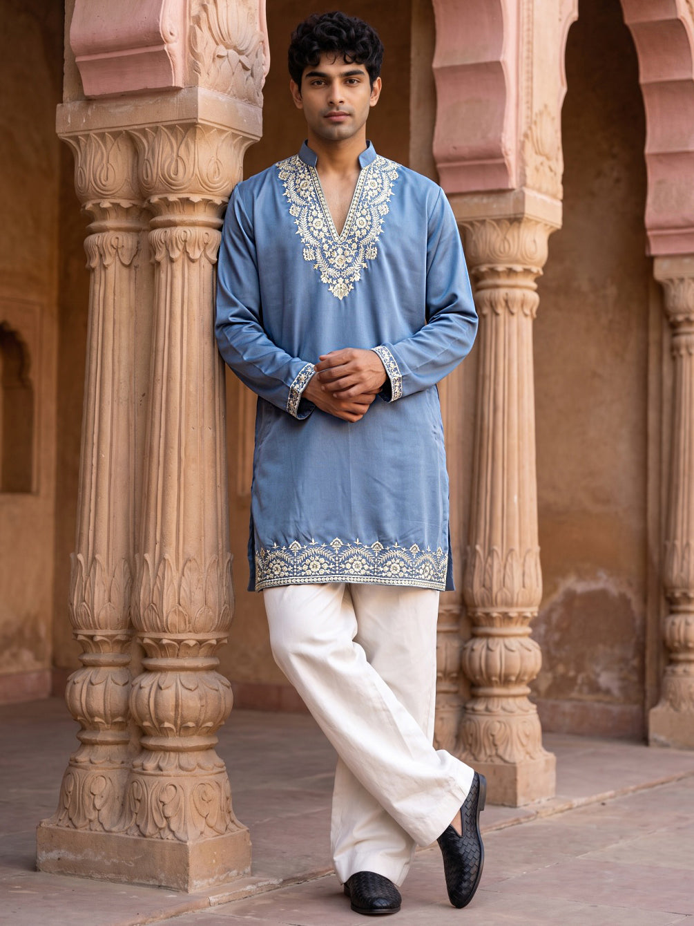 Cotton Blend Embroidered Kurta with Korean Pants ( 65KP PJ11W B 5634 Blue )