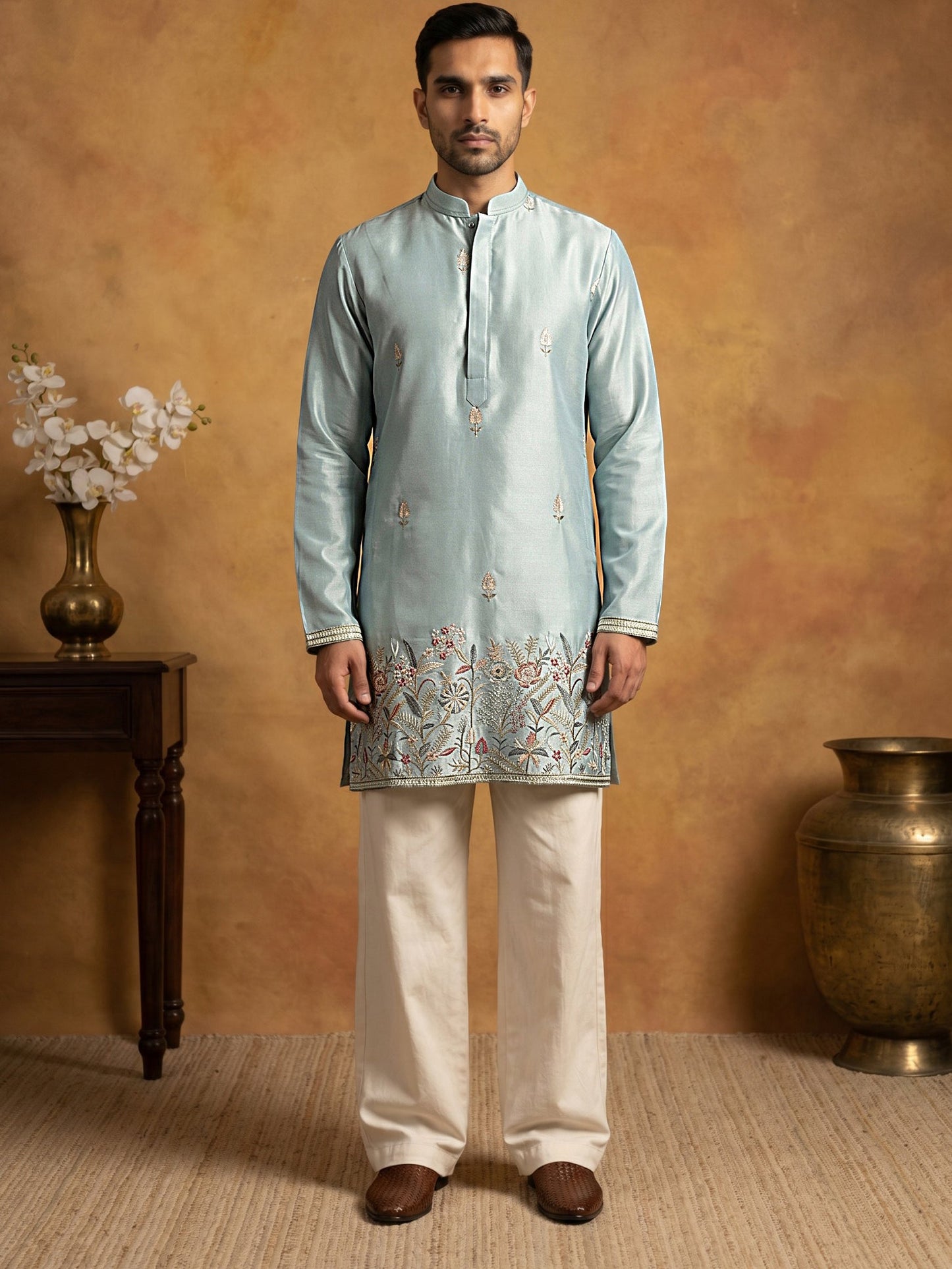 Silk Blend Embroidered Kurta & Korean Pants Set ( 65KP PJ11W 5602Sky ) [FF] [G-4]