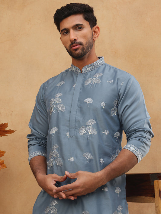 Silk Blend Elegant Thread Work Kurtas ( HOPKO 006Blue )  [RT] [O-7]