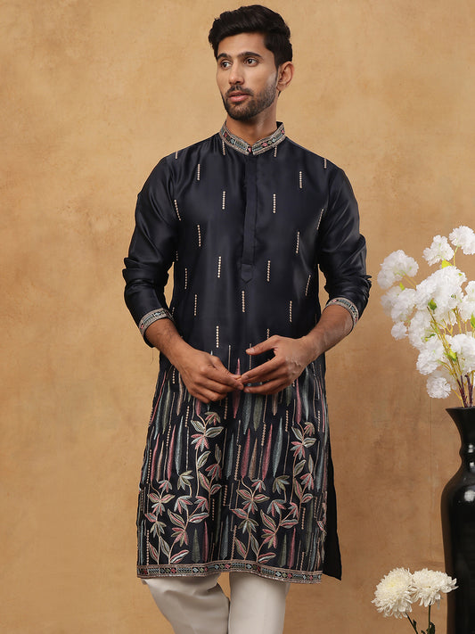 Silk Blend Floral Embroidered Kurtas ( HOPKO 005Navy )  [RT] [O-5]