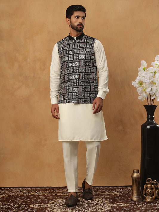 Embroidered Nehru Jacket Set with Solid Kurta Pyjama (65KPWC 592W 4150 Black )