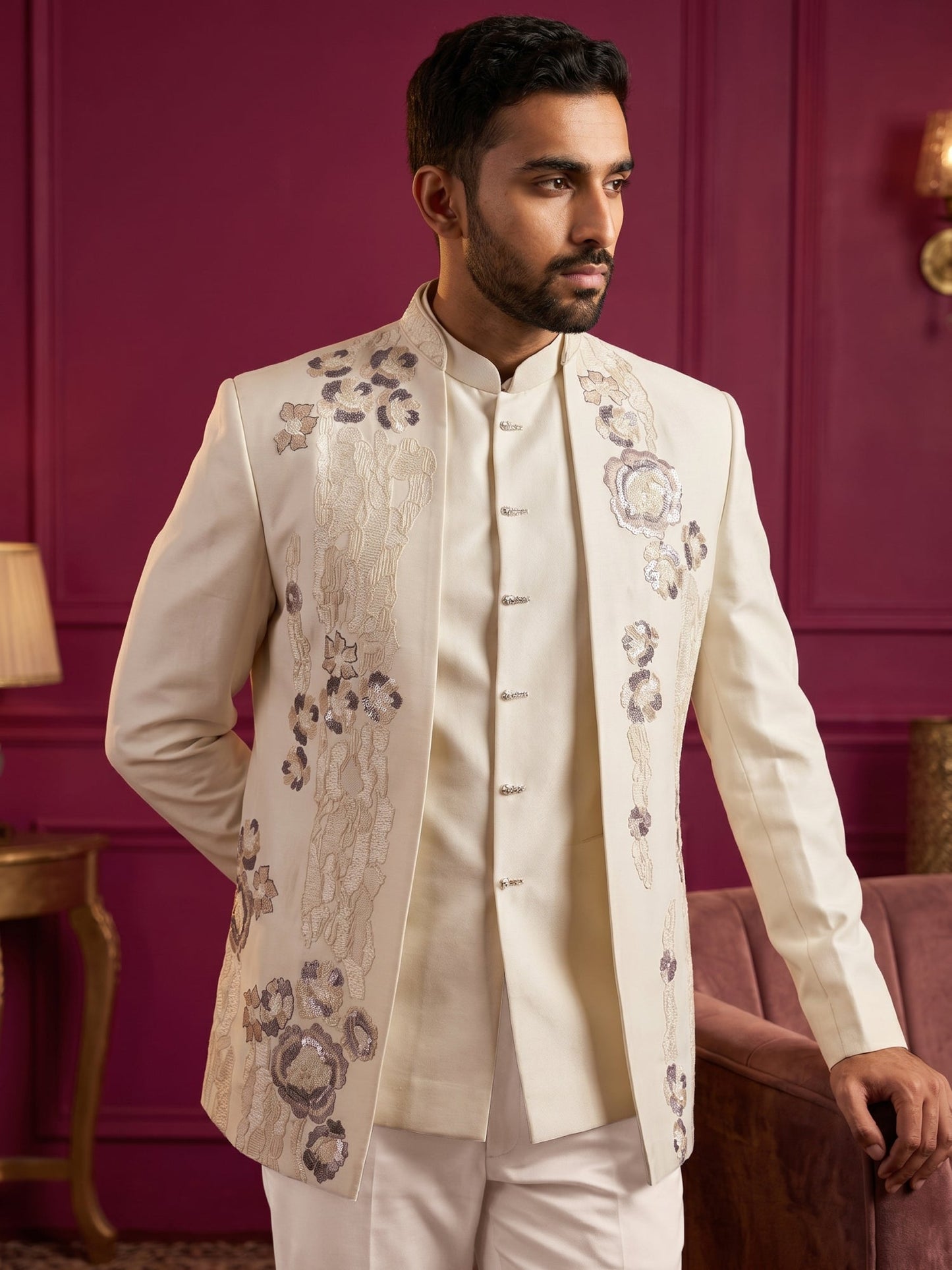 Men Cotton Blend Floral Embroidered Indo-Western Set