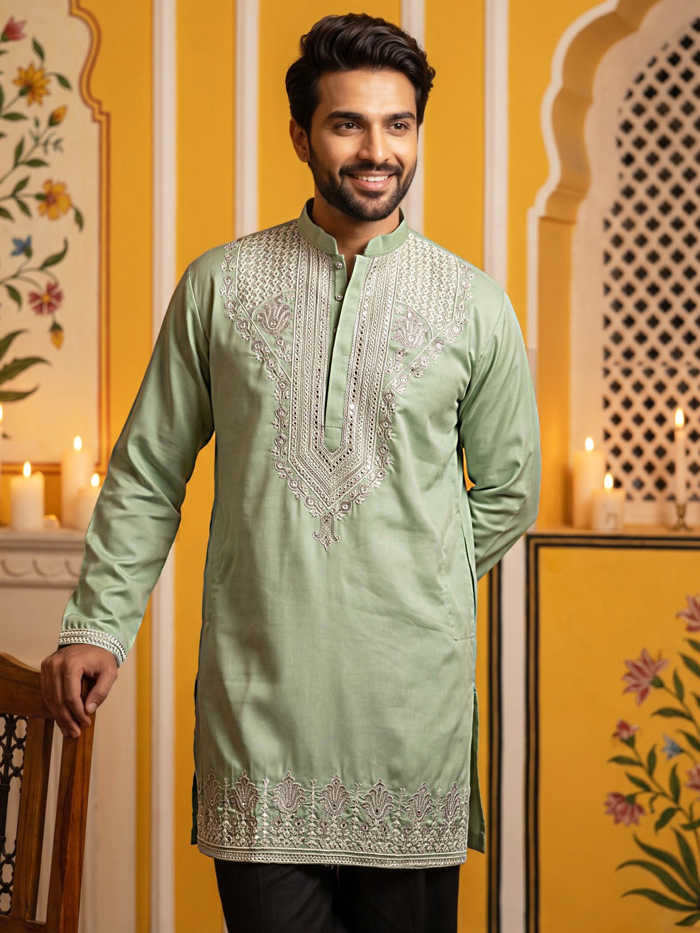 Embroidered Cotton Blend Kurta for Men ( 65KO 5639 Green )