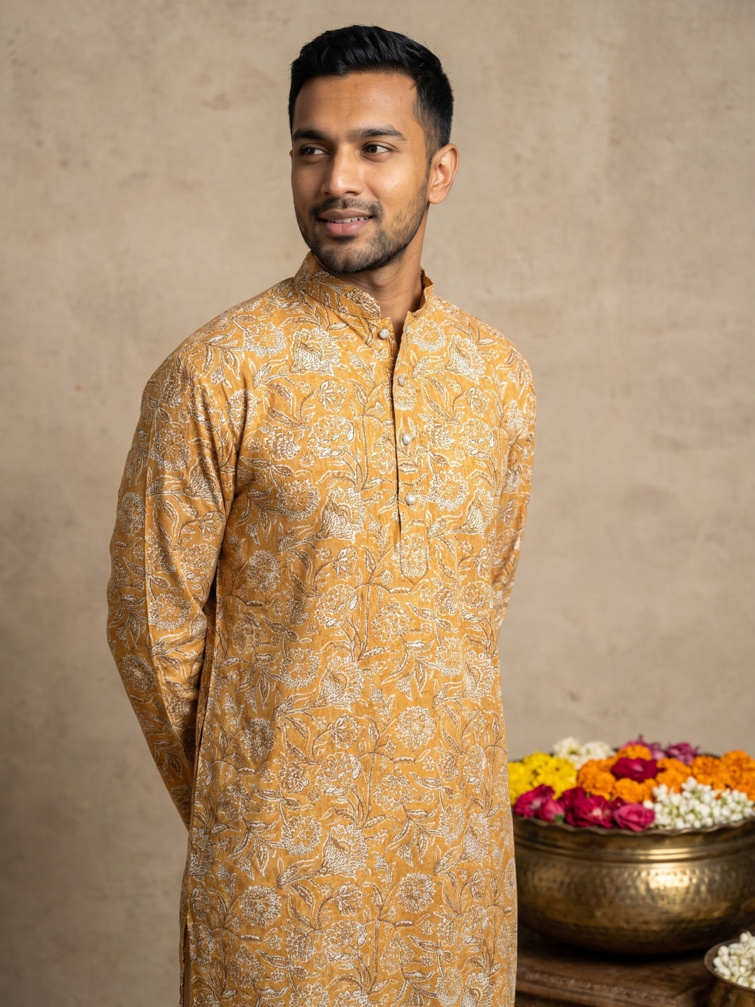 Floral Print & Thread Work Kurta Pyjama Set ( 65KP W P 5640 Mustard )
