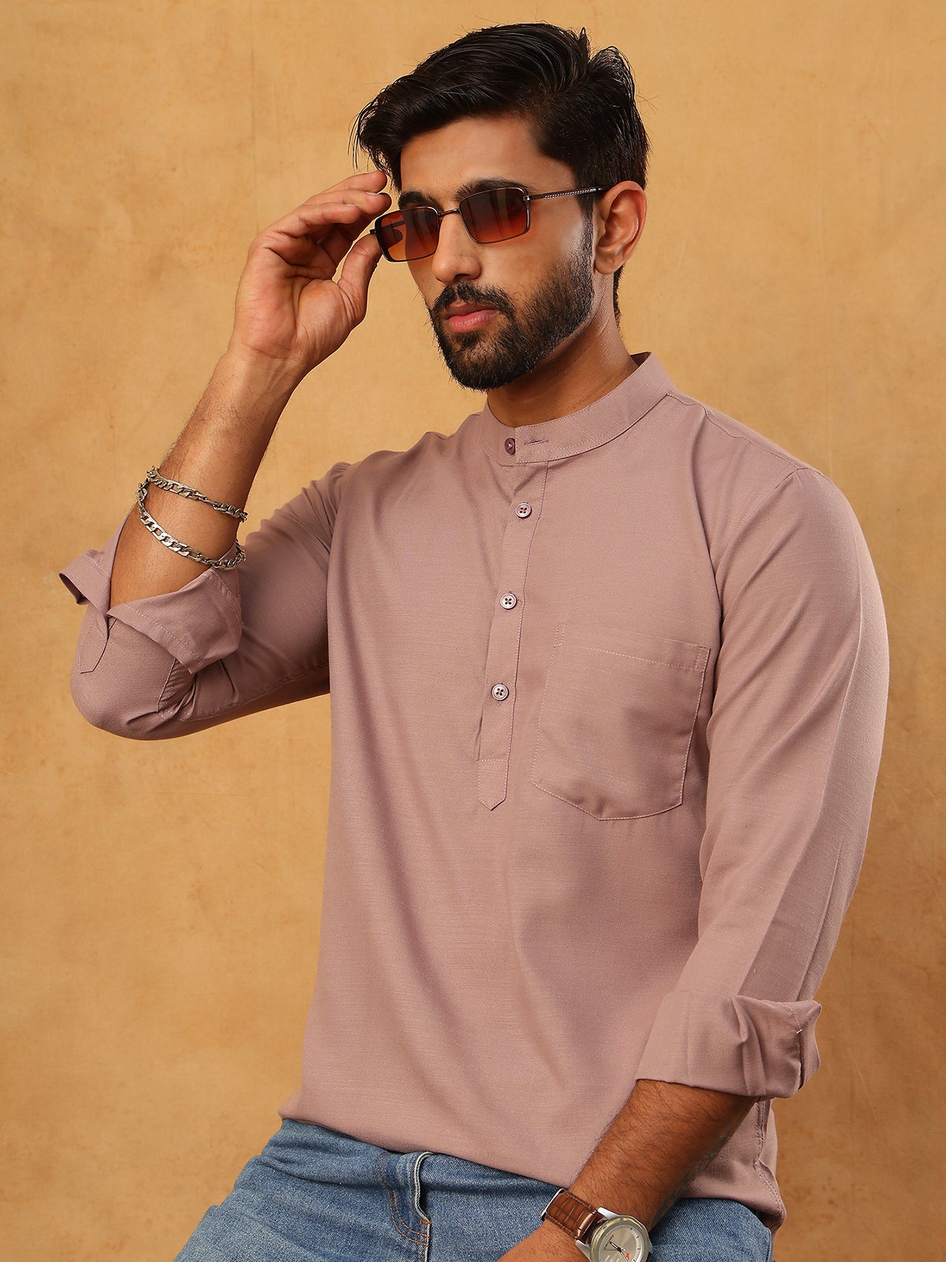 Solid Casual Short Kurta for Men ( ANMKO 304Peach )
