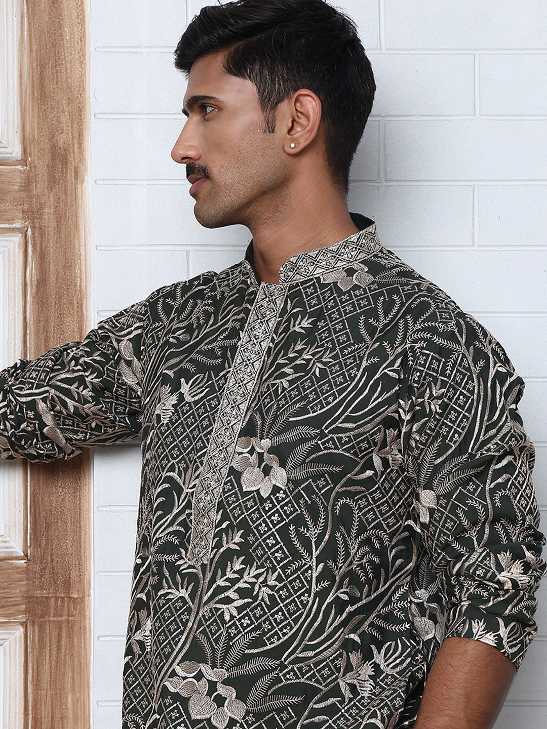 Embroidered Silk-Blend Kurtas ( ANMKO 289Olive )  [RT] [H-5]