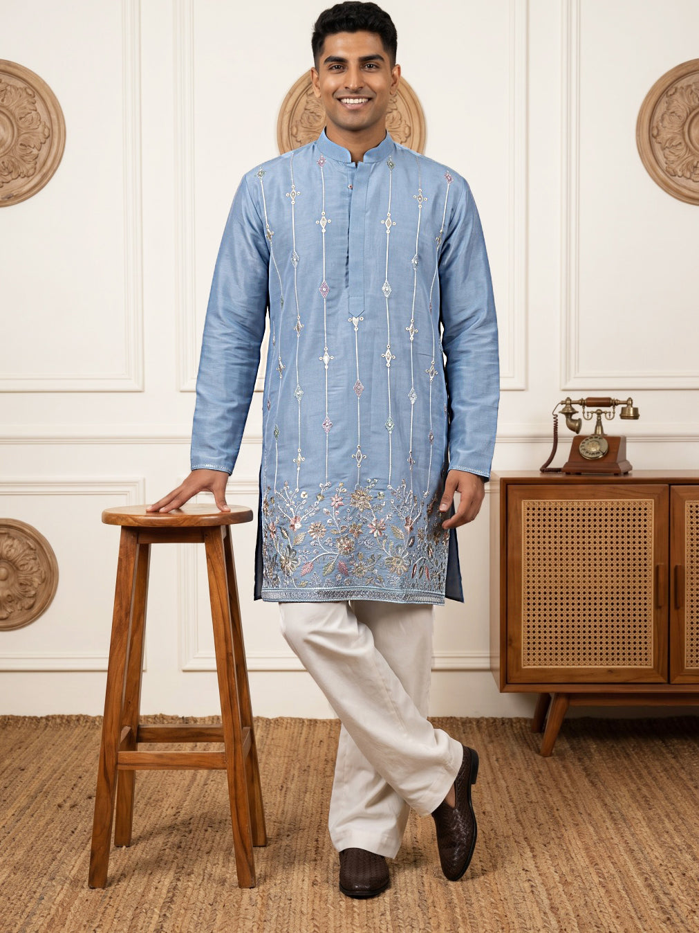 Men's Silk-Blend Embroidered Kurta with Korean Pants ( 65KP PJ11W S 5637 Sky )