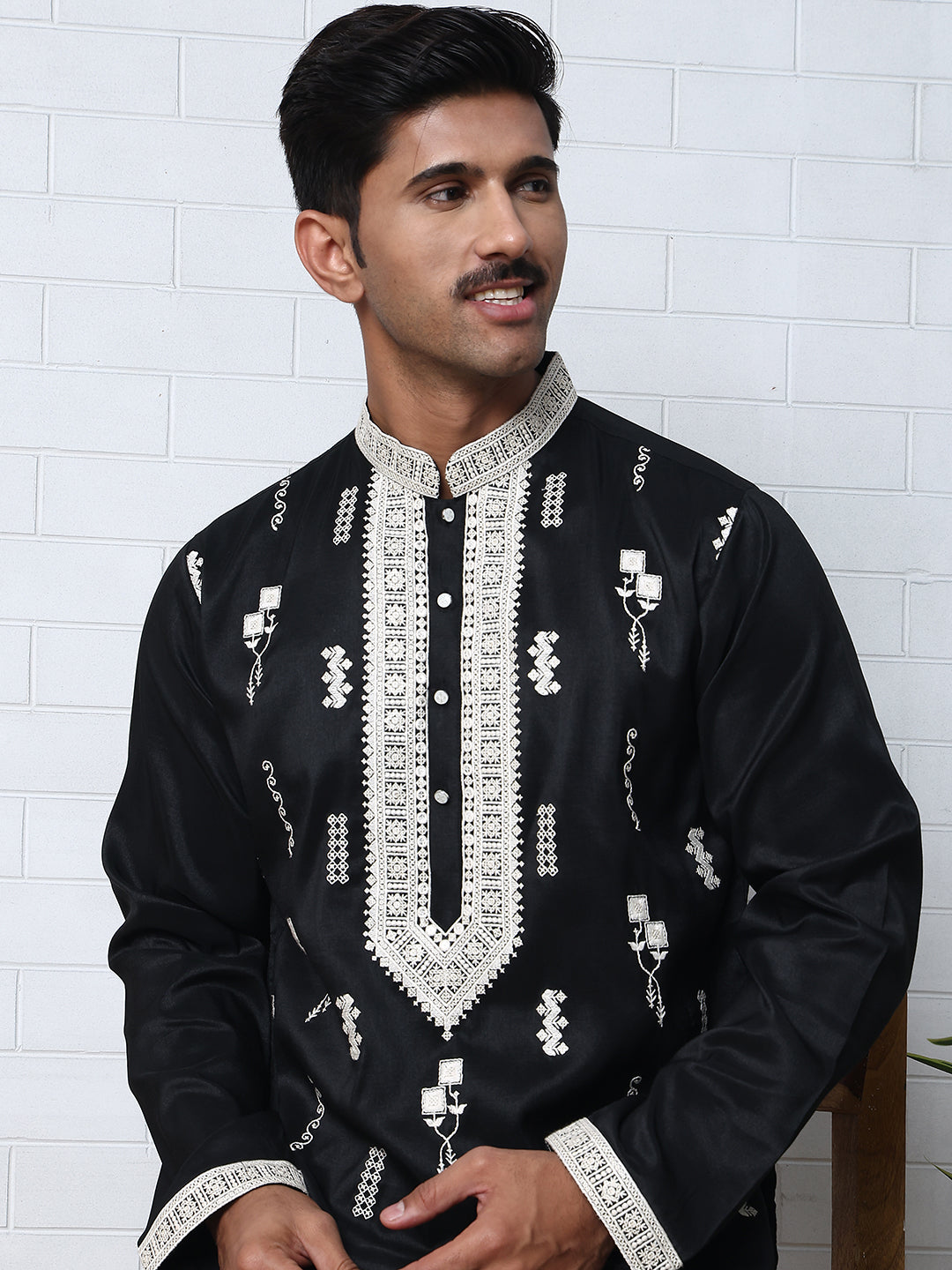Men Silk Blend Ethnic Embroidered Kurtas ( HOPKO 012Black )  [RT] [P-3]