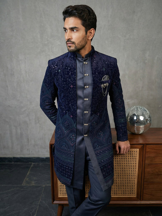 Men’s Navy Blue Embroidered Indo-Western Set ( 50JIND 130Navy S )