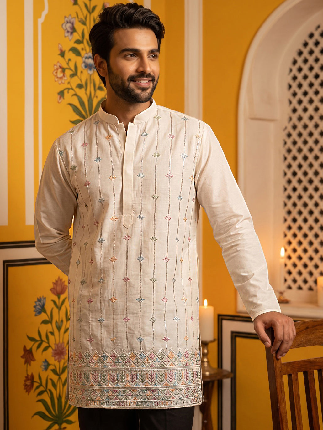 Men's Silk-Blend Embroidered Kurta ( 65KO 5627 White )