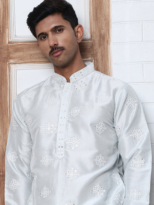 Men's Silk Blend Mirror & Thread Work Kurtas ( ANMKO 287Silver )  [RT] [D-4]