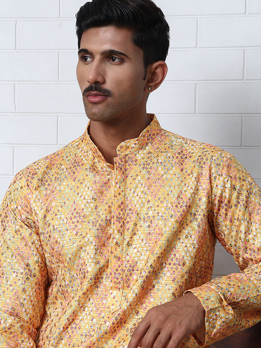 Men's Festive Sequins & Thread Work Kurtas ( ANMKO 288Yellow )  [RT] [C-3]