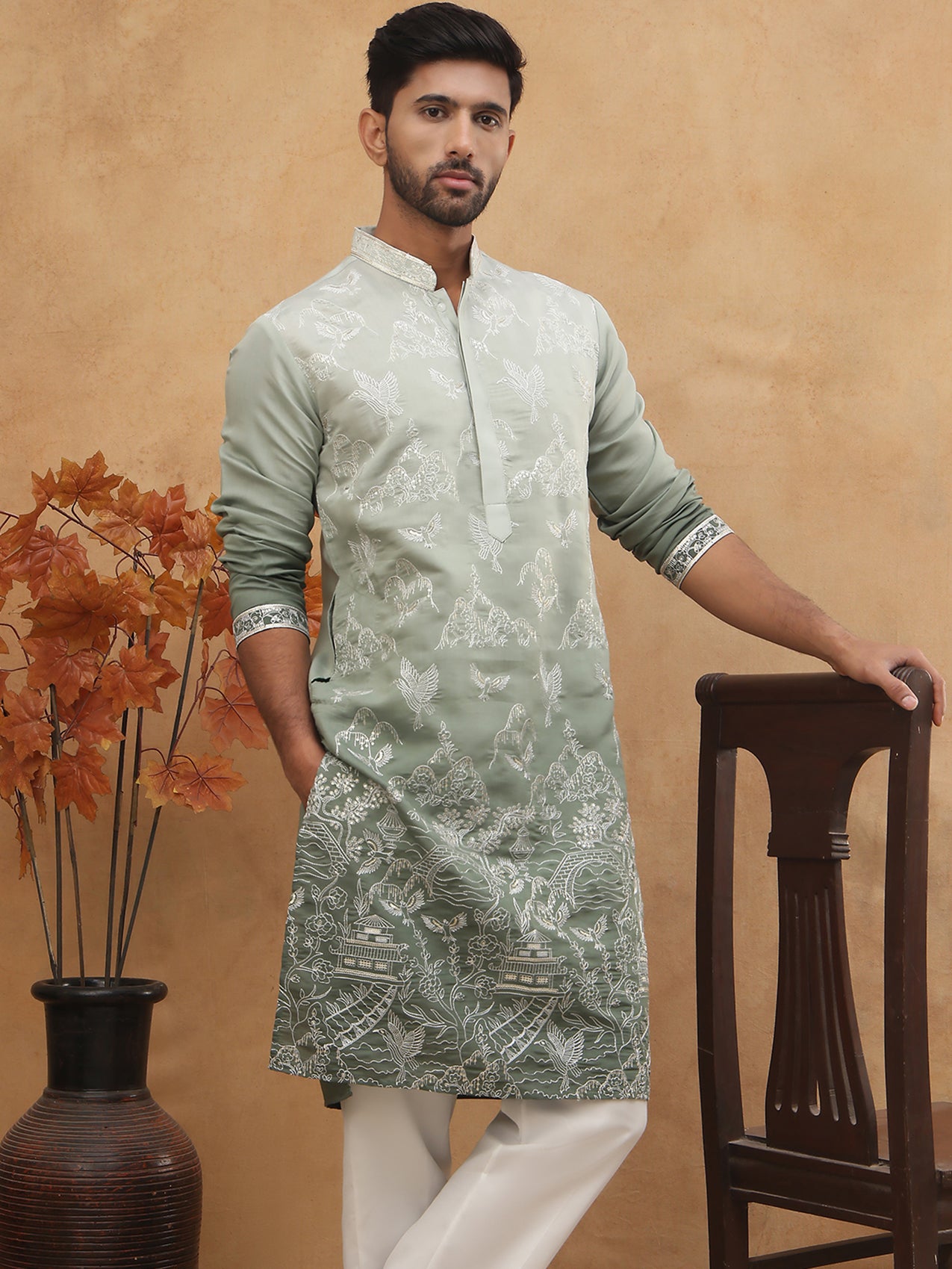 Silk Blend Elegant Thread Work Kurtas ( HOPKO 004Green )  [RT] [O-4]