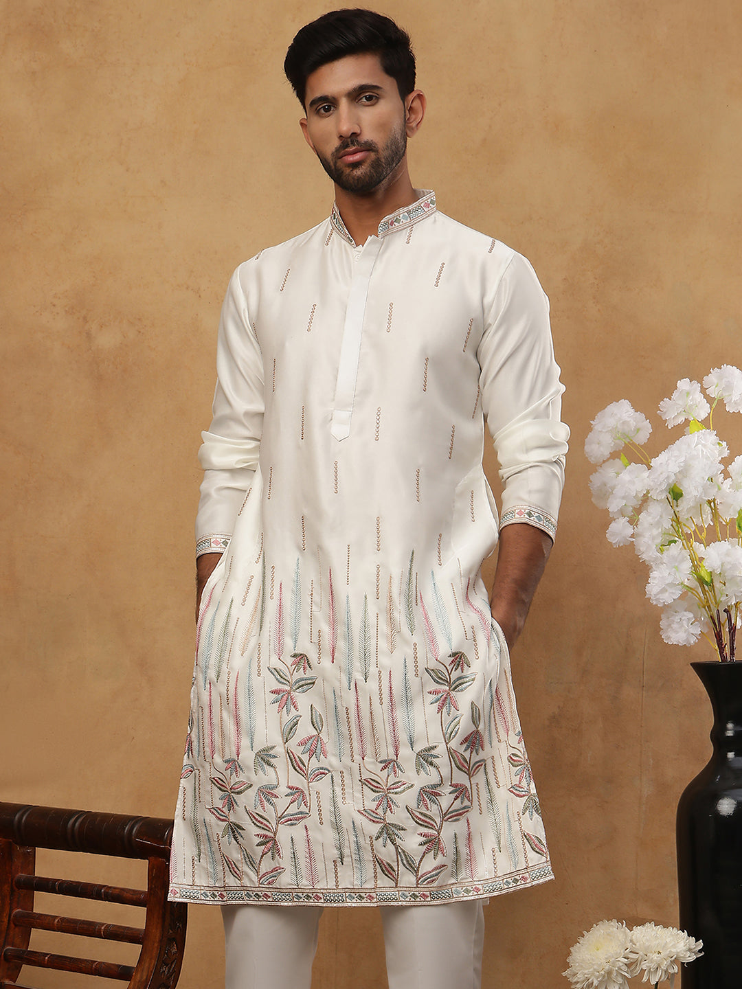 Silk Blend Floral Embroidered Kurtas ( HOPKO 005White )  [RT] [O-5]