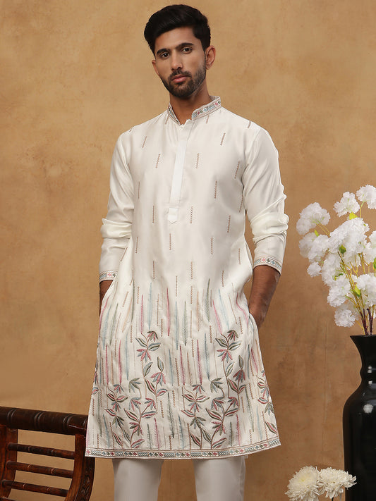 Silk Blend Floral Embroidered Kurtas ( HOPKO 005White )  [RT] [O-5]