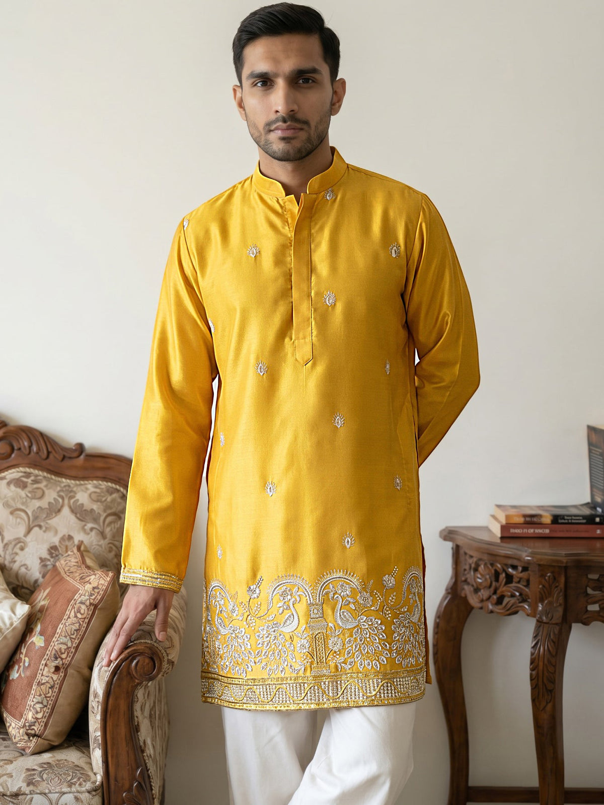 Silk Blend Embroidered Kurta for Men ( 65KO 5600Mustard ) [FF] [G-4]