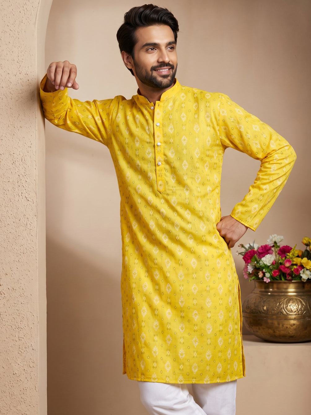 Men's Foil Print Traditional Kurta ( 65KO 5630 Yellow )