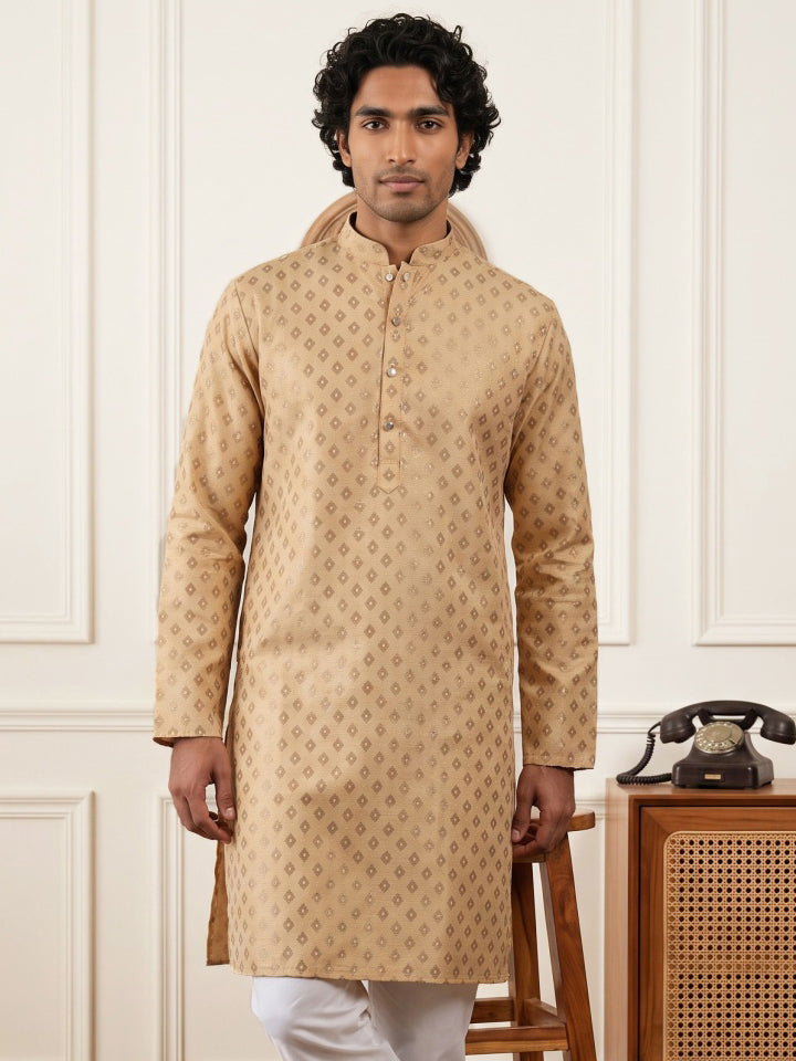 Men's Foil Print Traditional Kurta ( 65KO 5642 Peach )